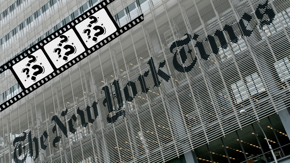 Budynek "The New York Times" z taśmą filmową i znakami zapytania.