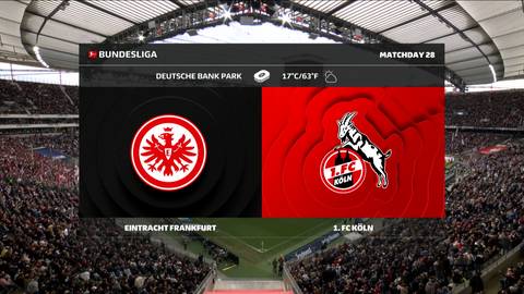 Ekran informacyjny na stadionie prezentujący starcie Eintracht Frankfurt z 1.FC Koeln w ramach Bundesligi, z widocznymi logami obu drużyn i informacją o meczu.