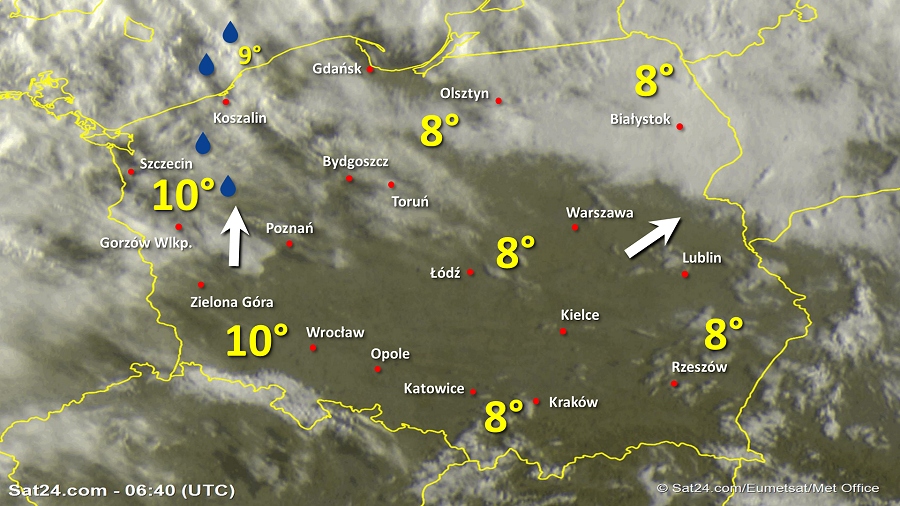 Zdjęcie satelitarne Polski w dniu 11 października 2019 o godzinie 8:40. Dane: Sat24.com / Eumetsat.