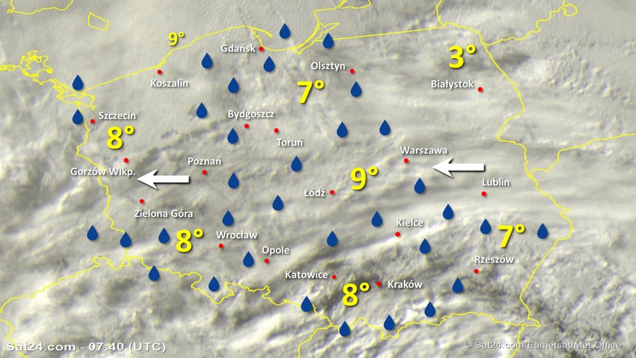 Zdjęcie satelitarne Polski w dniu 21 listopada 2019 o godzinie 8:40. Dane: Sat24.com / Eumetsat.