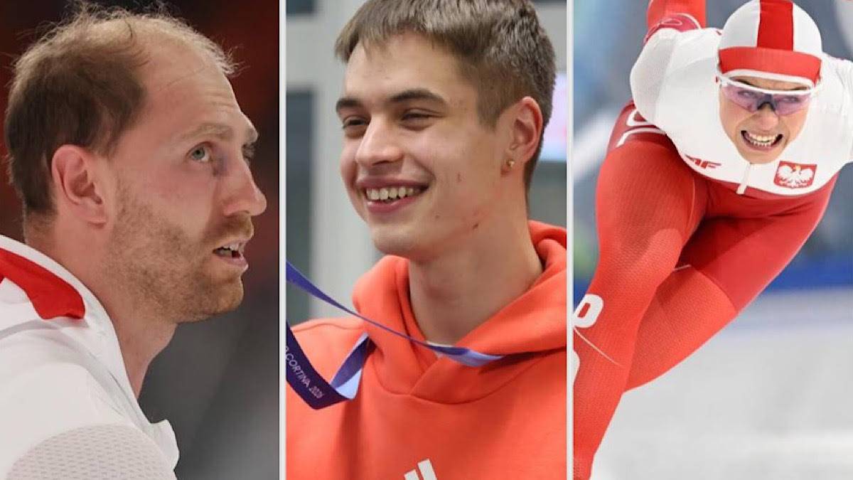 Trzech polskich panczenistów: mężczyzna z lewej, uśmiechnięty młody mężczyzna w środku z medalem, zawodniczka w stroju do łyżwiarstwa szybkiego po prawej.