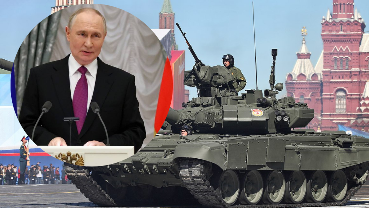 Fragmentaryczny portret Władimira Putina na tle fragmentu czołgu T-90.