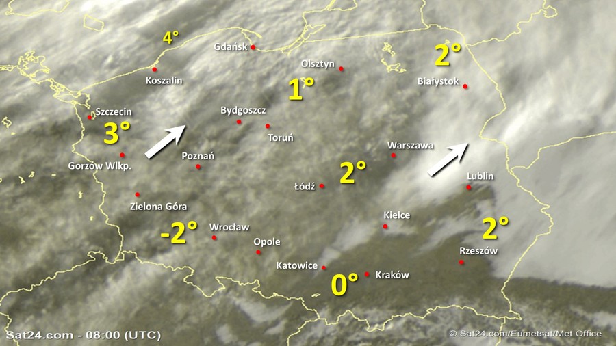 Zdjęcie satelitarne Polski w dniu 12 stycznia 2020 o godzinie 9:00. Dane: Sat24.com / Eumetsat.