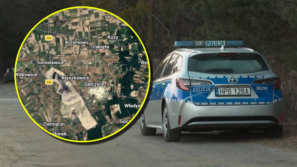 Zdjęcie przedstawia policyjny radiow&oacute;z stojący na drodze oraz fragment mapy satelitarnej z zaznaczonym terenem.
