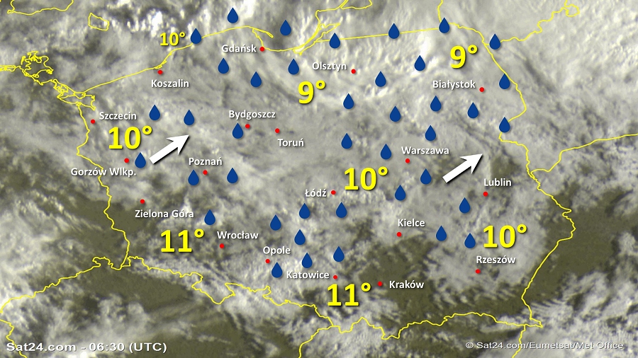 Zdjęcie satelitarne Polski w dniu 10 października 2019 o godzinie 8:30. Dane: Sat24.com / Eumetsat.