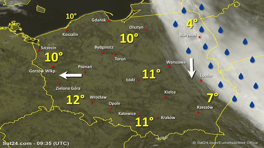 Zdjęcie satelitarne Polski w dniu 11 kwietnia 2019 o godzinie 11:35. Dane: Sat24.com / Eumetsat.