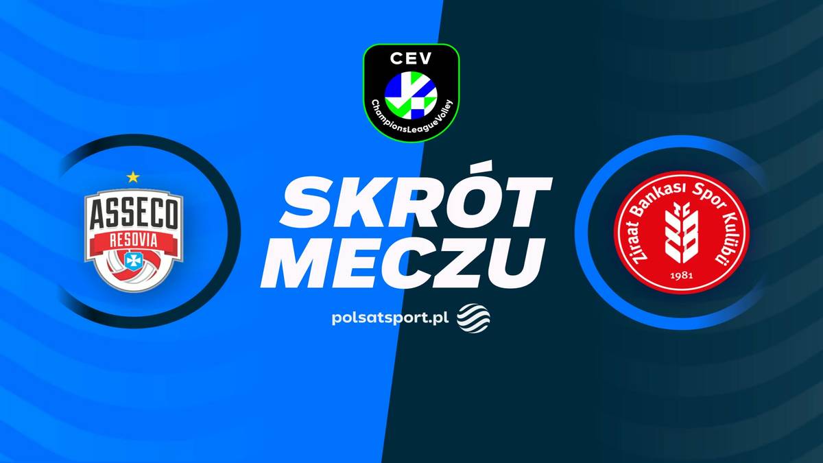Loga klubów Asseco Resovia Rzeszów i Ziraat Bankkart Ankara oraz napis "SKRÓT MECZU" i logo CEV.