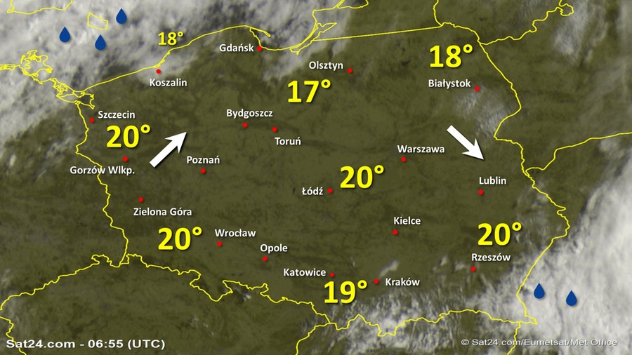 Zdjęcie satelitarne Polski w dniu 4 lipca 2020 o godzinie 8:55. Dane: Sat24.com / Eumetsat.