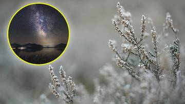 W lewym g&oacute;rnym rogu znajduje się okrągłe, ż&oacute;łte obramowanie, wewnątrz kt&oacute;rego widać nocne niebo z widoczną Drogą Mleczną, g&oacute;rami w oddali i jeziorem. Po prawej stronie obrazu znajduje się zbliżenie na roślinę pokrytą szronem lub mrozem.