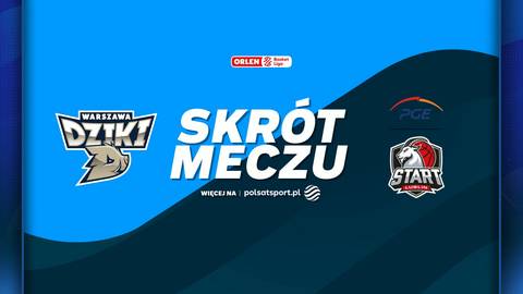 Logo "Dziki Warszawa" i "PGE Start Lublin" na tle napisu "SKR&Oacute;T MECZU" i niebiesko-granatowego tła.