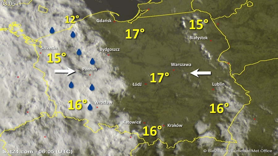 Zdjęcie satelitarne Polski w dniu 11 maja 2018 o godzinie 8:05. Dane: Sat24.com / Eumetsat.