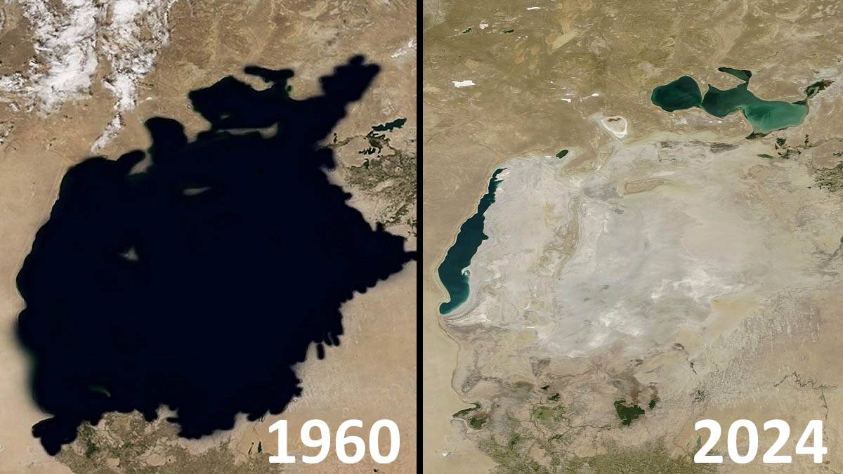 Porównawcze zdjęcia satelitarne Jeziora Aralskiego w 1960 roku (po lewej) i w 2024 roku (po prawej). Fot. NASA.