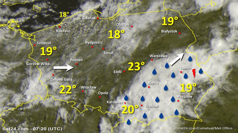 Zdjęcie satelitarne Polski w dniu 2 lipca 2020 o godzinie 9:20. Dane: Sat24.com / Eumetsat.