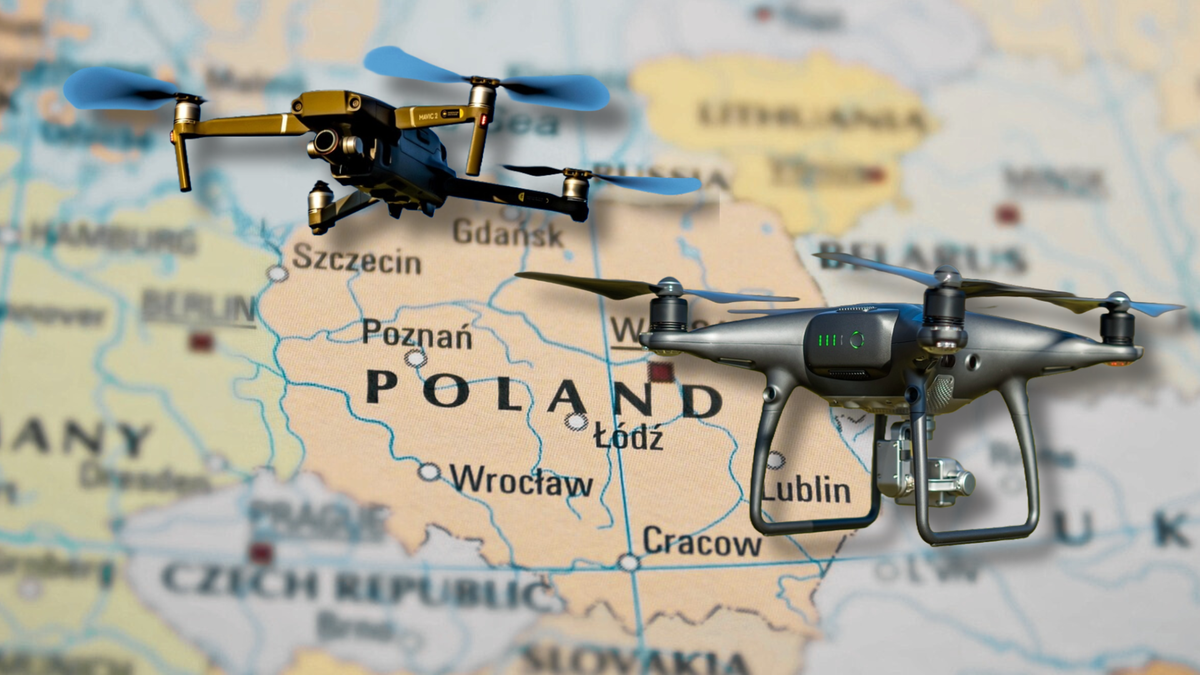 Dwa drony na tle mapy Polski