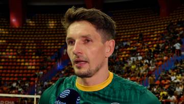 Portret mężczyzny w zielonej koszulce siatkarskiej, mówiącego do mikrofonu, na tle trybun wypełnionych widzami.