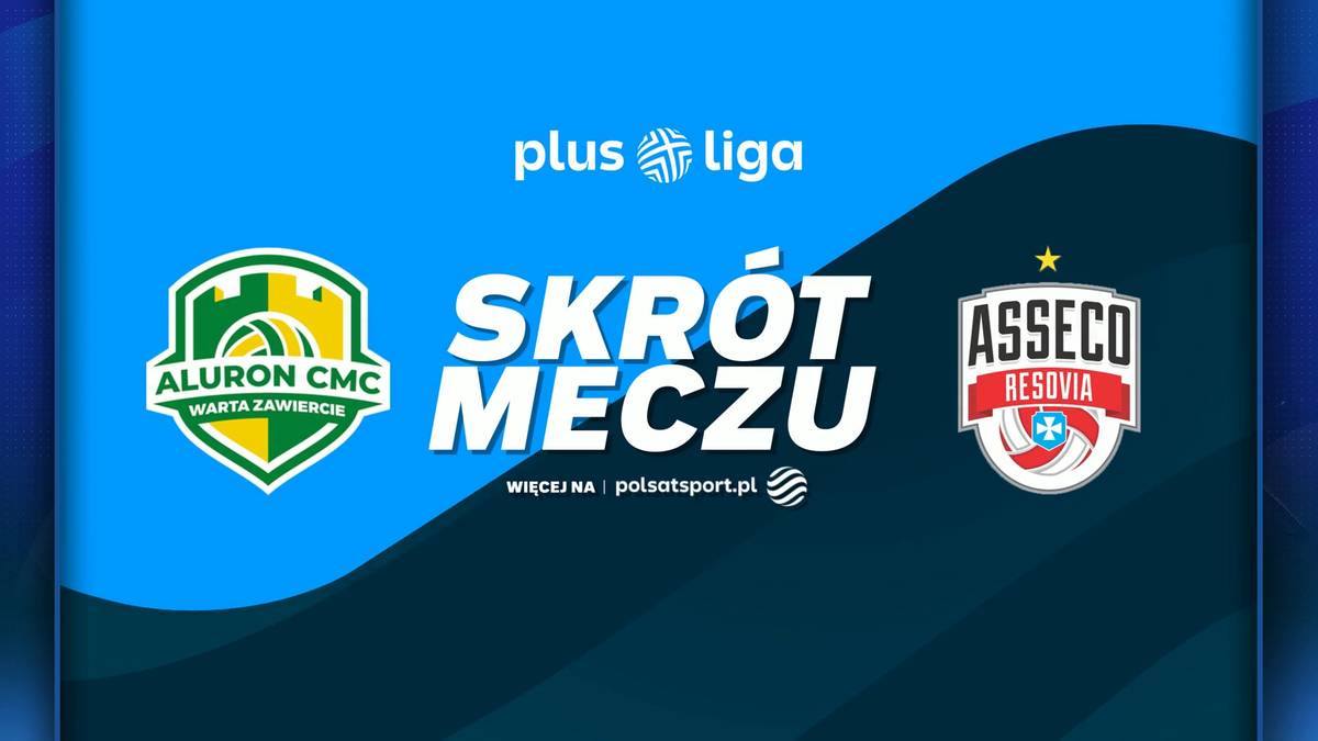 Logo Aluron CMC Warta Zawiercie i Asseco Resovia Rzesz&oacute;w obok napisu SKR&Oacute;T MECZU na tle z falą.