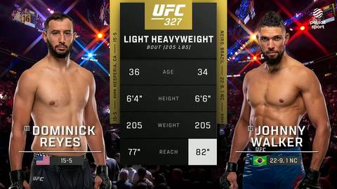 Dominick Reyes i Johnny Walker, zawodnicy MMA, stojący obok tablicy informacyjnej UFC 327.