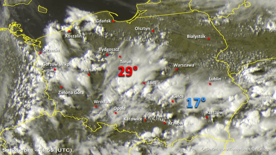 Zdjęcie satelitarne Polski w dniu 19 lipca 2020 o godzinie 16:55. Dane: Sat24.com / Eumetsat.