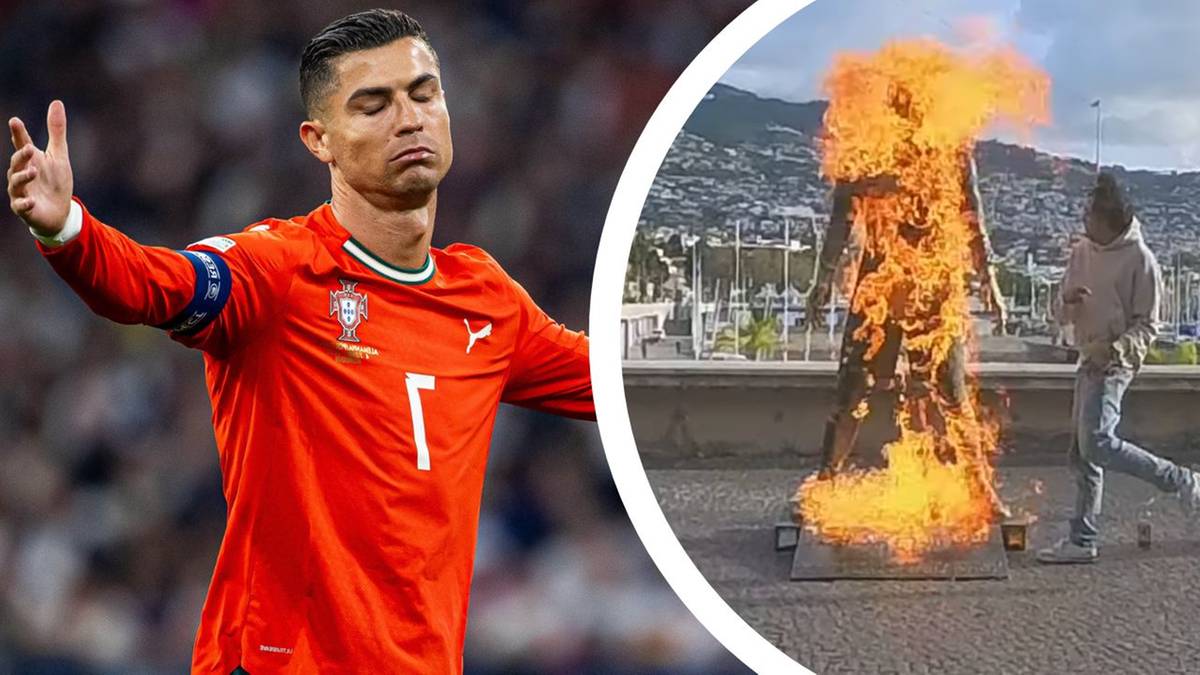 Cristiano Ronaldo w koszulce reprezentacji Portugalii, obok fragment zdjęcia przedstawiający płonący pomnik.