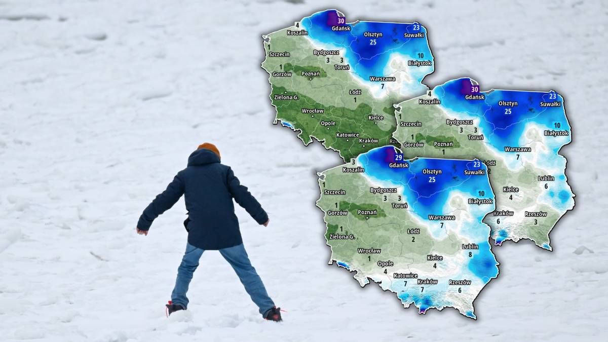 Mapa Polski z prognozą temperatur, obok osoba stojąca na śniegu.