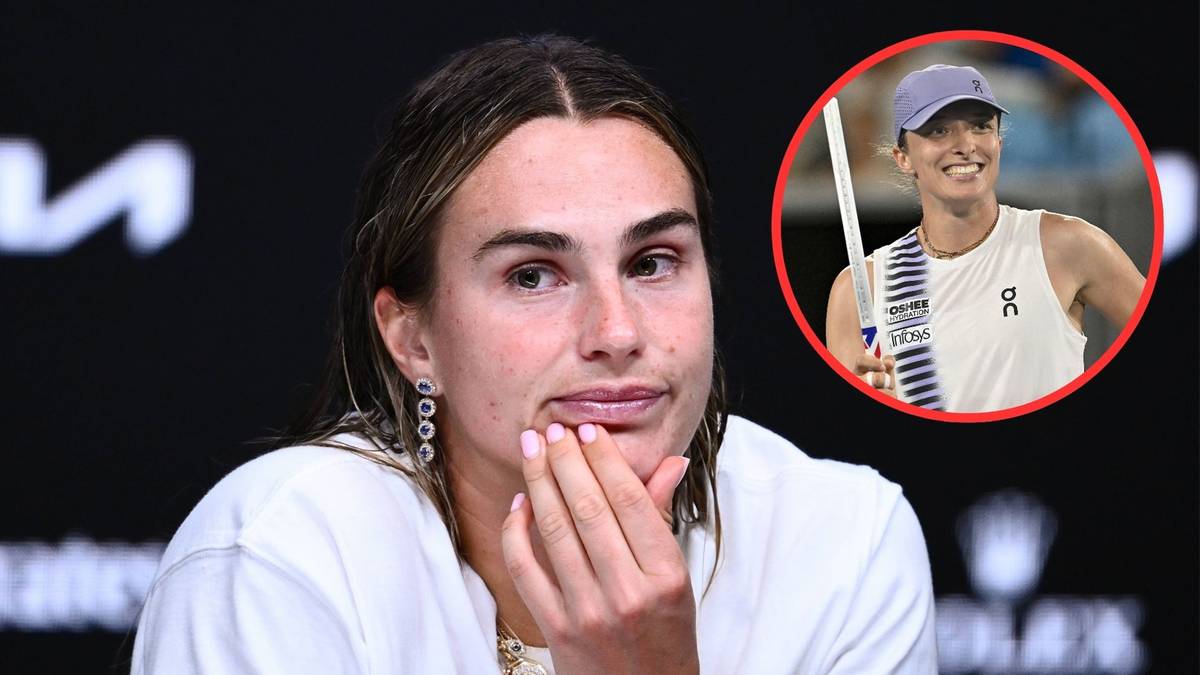 Zdjęcie przedstawia zbliżenie na twarz tenisistki Aryny Sabalenki po lewej stronie. Po prawej, w okrągłym kadrze, widnieje uśmiechnięta twarz Aryny Sabalenki w czapce i stroju sportowym.