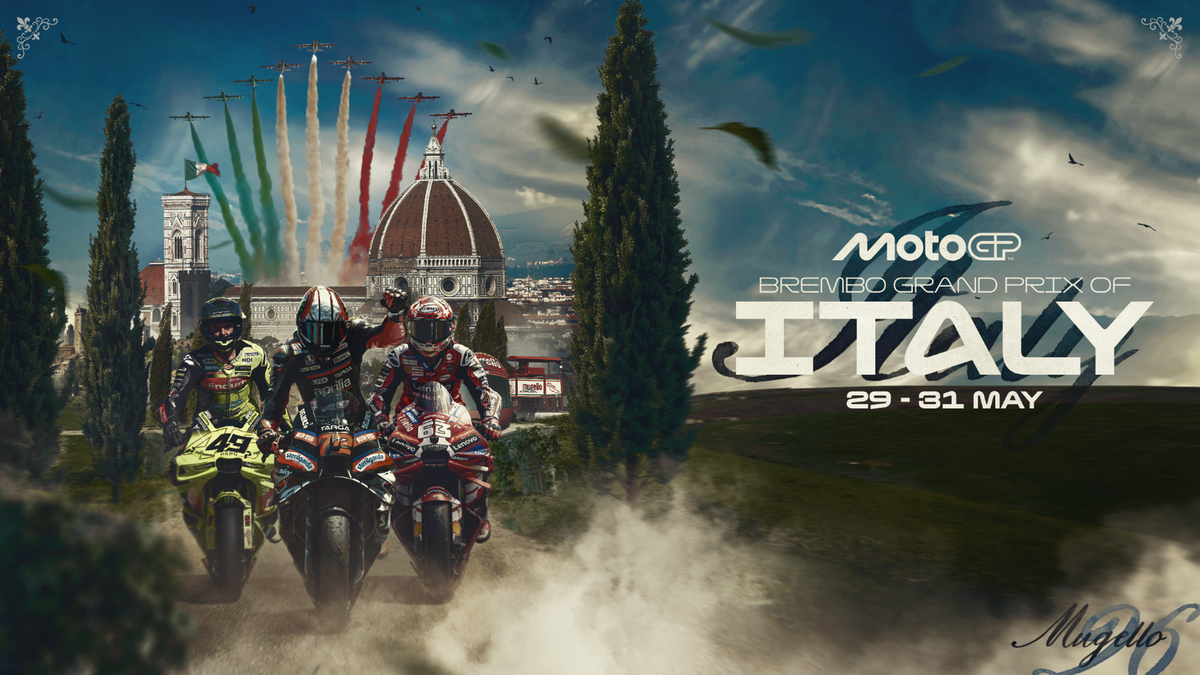 Trzech motocyklistów na torze wyścigowym w Toskanii z widokiem na florencki Duomo w tle.