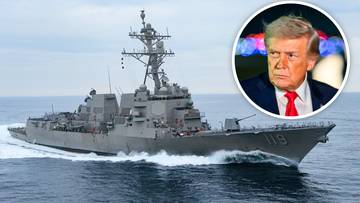 Niszczyciel amerykańskiej marynarki wojennej na morzu obok okrągłego kolażu ze zdjęciem Donalda Trumpa.