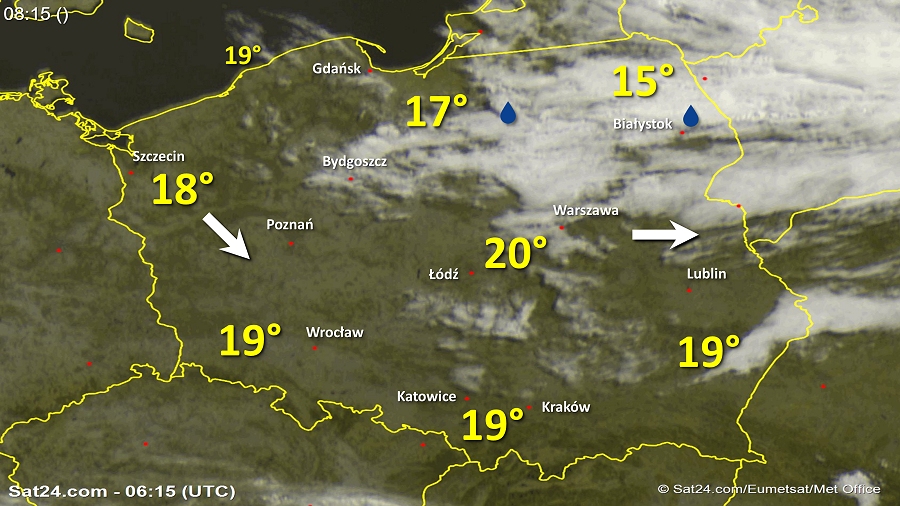 Zdjęcie satelitarne Polski w dniu 4 lipca 2018 o godzinie 8:15. Dane: Sat24.com / Eumetsat.