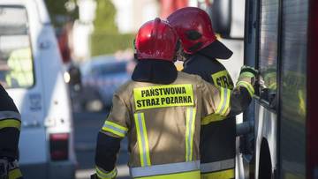 Dwóch strażaków w hełmach i mundurach Państwowej Straży Pożarnej, jeden odwrócony plecami z napisem "PAŃSTWOWA STRAŻ POŻARNA" na kurtce.