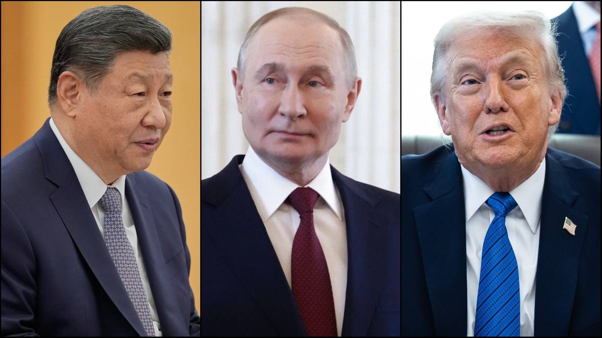 Trzy portrety polityk&oacute;w: Xi Jinping po lewej, Władimir Putin w środku, Donald Trump po prawej.