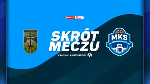 Logo MKS Dąbrowa G&oacute;rnicza obok tekstu "SKR&Oacute;T MECZU", z lewej strony logo Miasta Szkła Krosno.