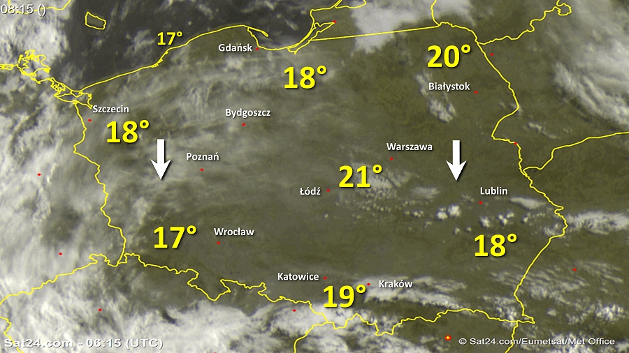 Zdjęcie satelitarne Polski w dniu 22 lipca 2018 o godzinie 8:15. Dane: Sat24.com / Eumetsat.