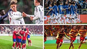 Cztery kolaże zdjęć piłkarskich przedstawiające zawodników w akcji.