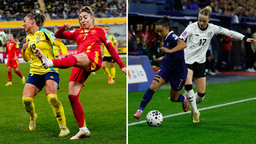 Dwie zawodniczki piłki nożnej walczą o piłkę na boisku.