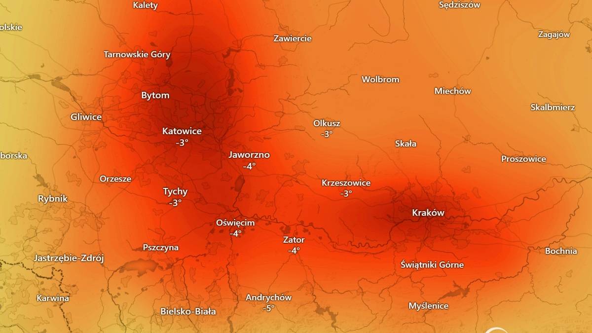 Stężenie pyłu zawieszonego PM2.5 w środę wieczorem. Fot. Windy.com