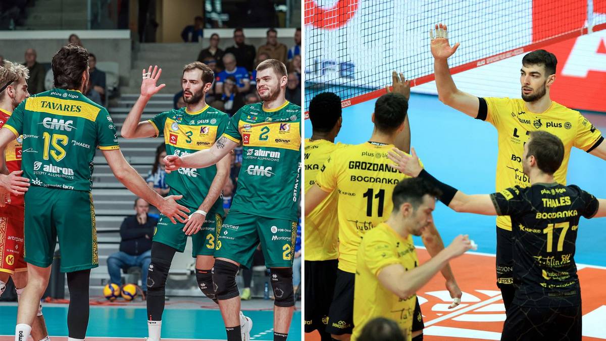 Dwie drużyny siatkarzy pozdrawiają się po meczu.