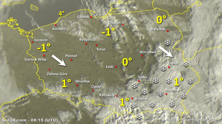 Zdjęcie satelitarne Polski w dniu 5 stycznia 2020 o godzinie 9:15. Dane: Sat24.com / Eumetsat.