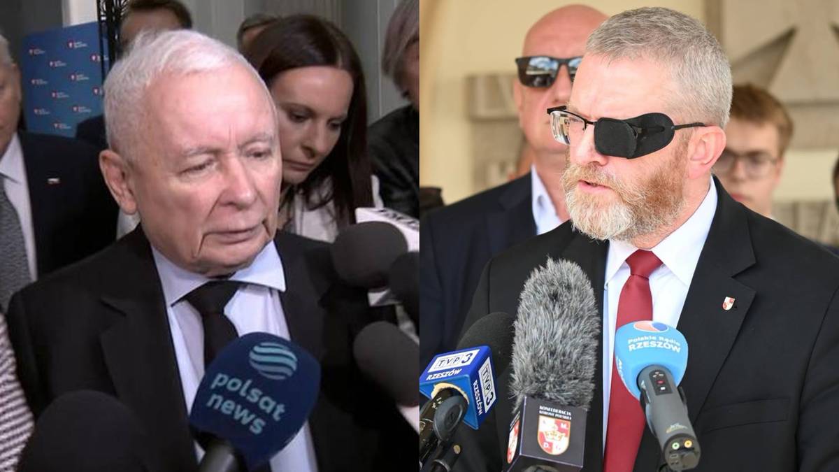 Politycy Jarosław Kaczyński i Grzegorz Braun wypowiadający się przed mikrofonami