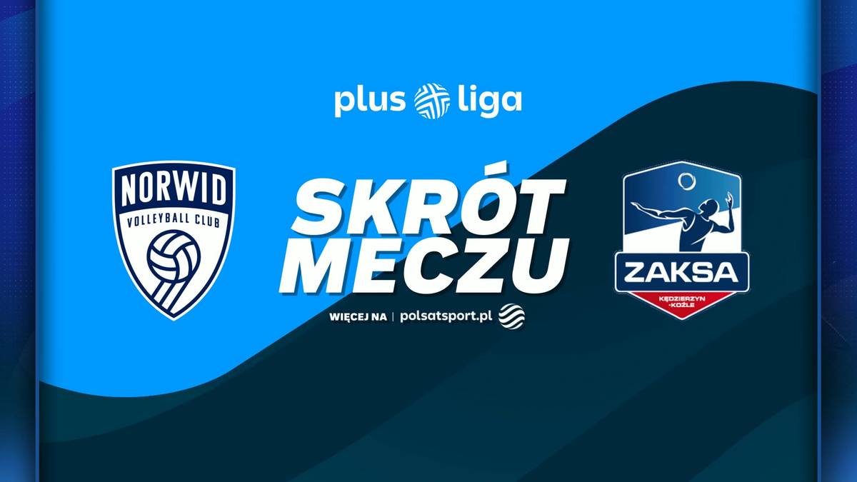 Grafika promująca skrót meczu siatkówki pomiędzy drużynami Norwid Częstochowa a ZAKSA Kędzierzyn-Koźle. Widoczne logotypy obu klubów oraz napis "SKRÓT MECZU".