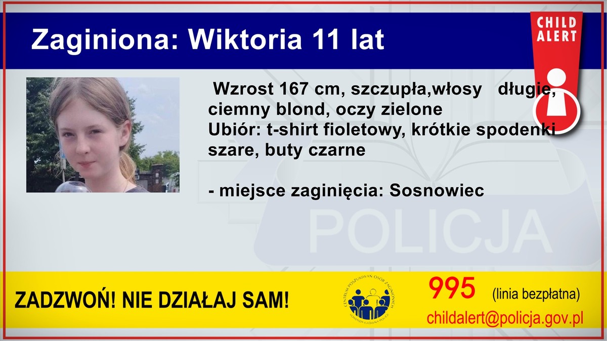 Child Alert. Sosnowiec: Zaginęła 11-letnia Wiktoria Kasperczyk. Wyszła z domu i nie wróciła