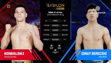 Dw&oacute;ch zawodnik&oacute;w MMA, Grzegorz Kowalski i Andrei Ionut Bereczhi, prezentuje się przed walką. Pomiędzy nimi znajduje się tabela z danymi.