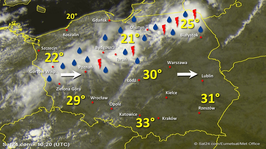Zdjęcie satelitarne Polski w dniu 1 lipca 2019 o godzinie 12:25. Dane: Sat24.com / Eumetsat.