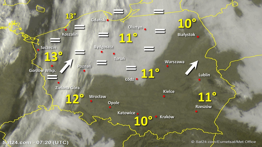 Zdjęcie satelitarne Polski w dniu 25 października 2019 o godzinie 9:20. Dane: Sat24.com / Eumetsat.