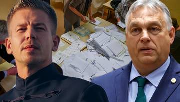 Dwie twarze polityk&oacute;w na pierwszym planie, w tle zamazane zdjęcie os&oacute;b przy urnie wyborczej.