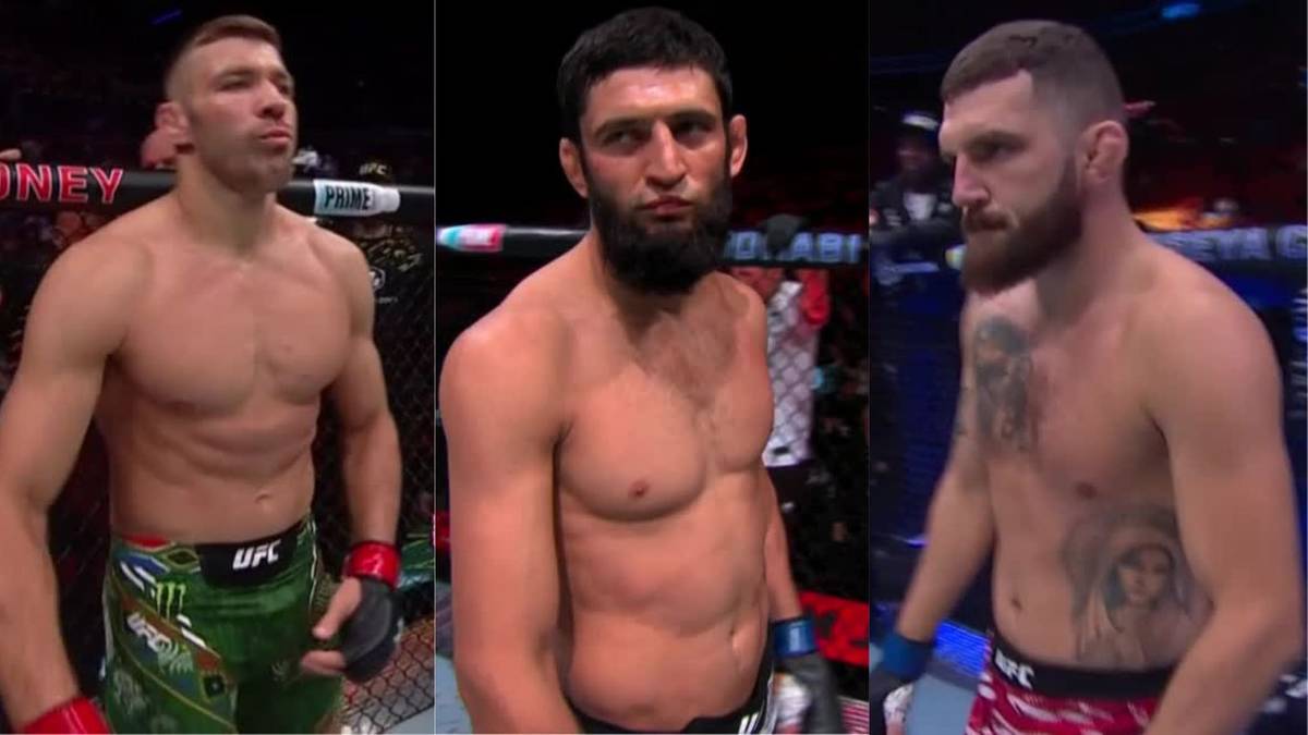 Trzech zawodników MMA: po lewej Krzystof Oleksiejczuk, w środku Khamzat Chimaev, po prawej cała sylwetka K. Oleksiejczuka w zielonych spodenkach z logiem UFC.