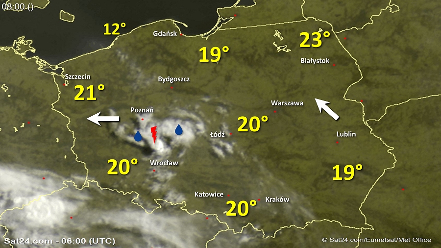 Zdjęcie satelitarne Polski w dniu 30 maja 2018 o godzinie 8:00. Dane: Sat24.com / Eumetsat.