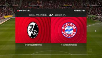 Ekran informacyjny meczu piłkarskiego pokazujący logotypy SC Freiburg i FC Bayern Monachium, nazwy drużyn, stadion Europa-Park Stadion oraz informacje o pogodzie.