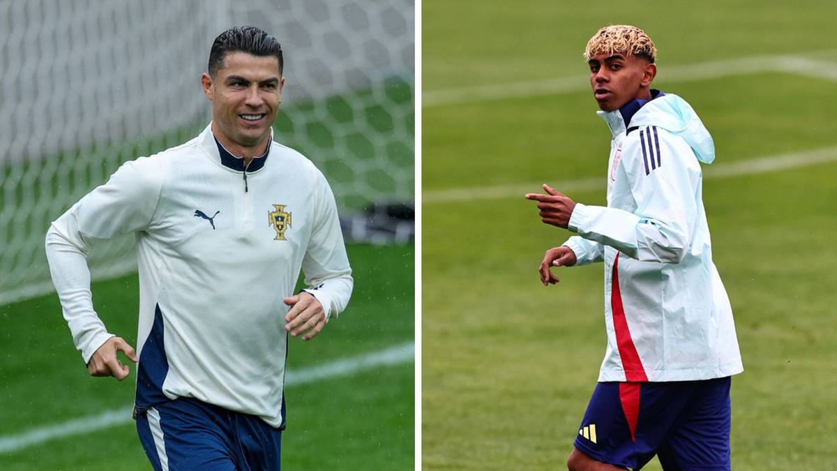 Dwa portrety piłkarzy, po lewej Cristiano Ronaldo w białej koszulce treningowej, po prawej młody piłkarz z blond fryzurą w białej bluzie.