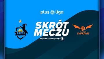 Logo drużyny Bogdanka LUK Lublin obok napisu "SKR&Oacute;T MECZU" oraz logo drużyny Barkom-Każany Lw&oacute;w. Grafika promuje skr&oacute;t meczu Plus Ligi.