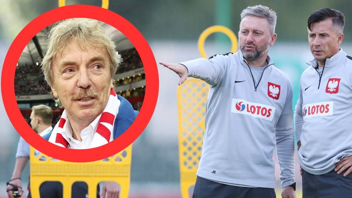 Portret Zbigniewa Bońka obok dwóch mężczyzn w dresach reprezentacji Polski.